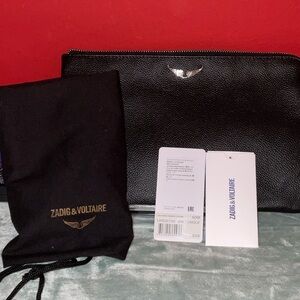 Zadig & Voltaire Black Pebbled Leather Clutch with Logo Detail 7X11 inches